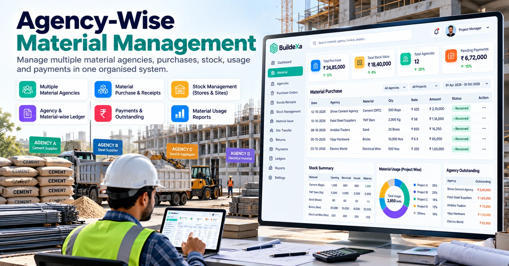 Agency-wise construction material management and supplier ledger in Buildexa
